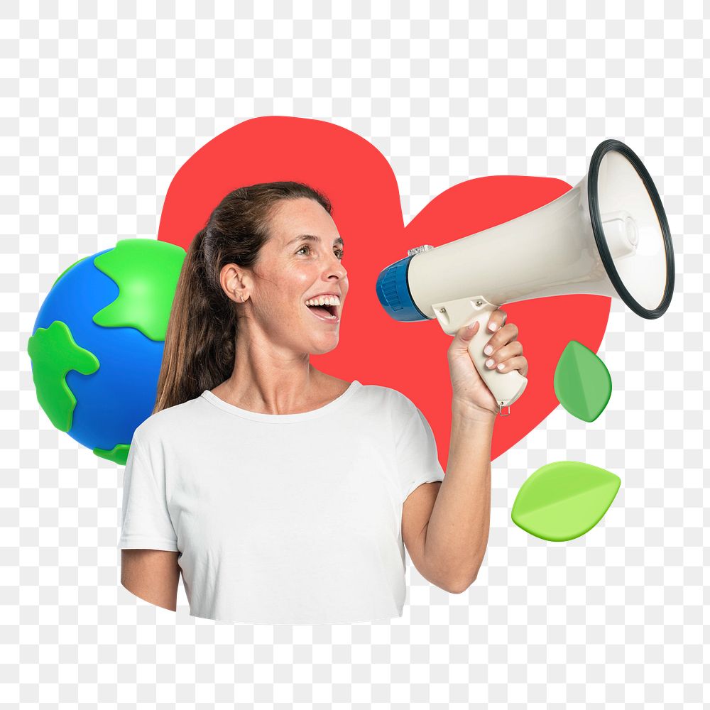 Woman activist holding megaphone png, environment remix, transparent background