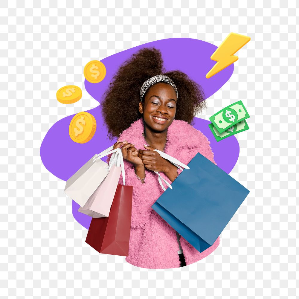 Woman holding shopping bags png, creative remix, transparent background