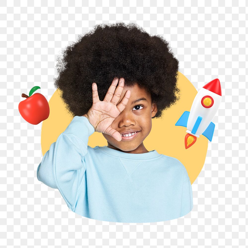 Smiling afro boy png, kids education remix, transparent background