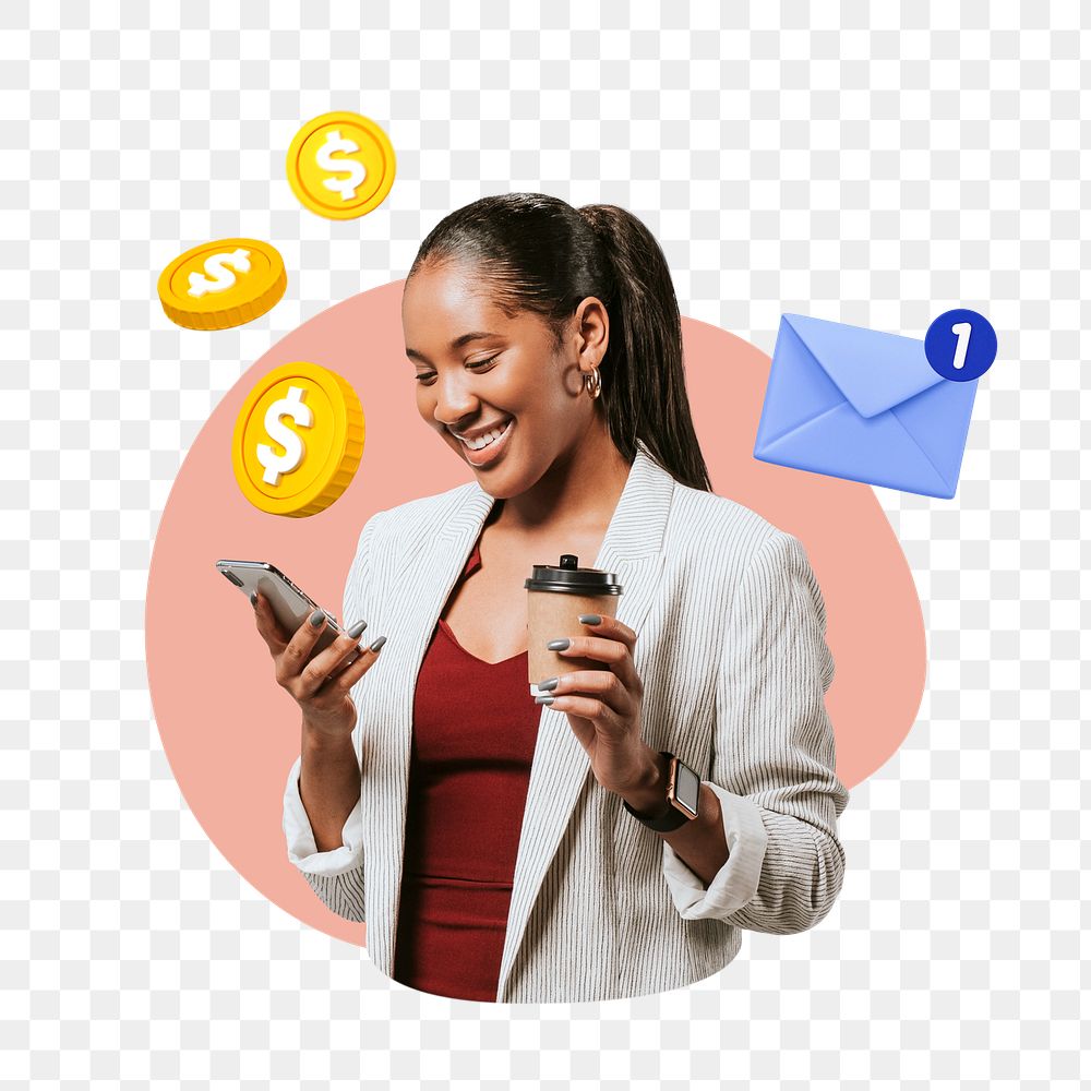 Businesswoman using smartphone png, business remix, transparent background