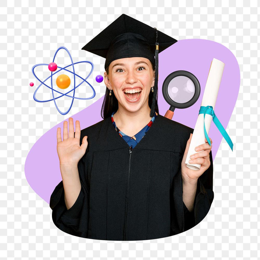 Science graduate woman png, education remix, transparent background