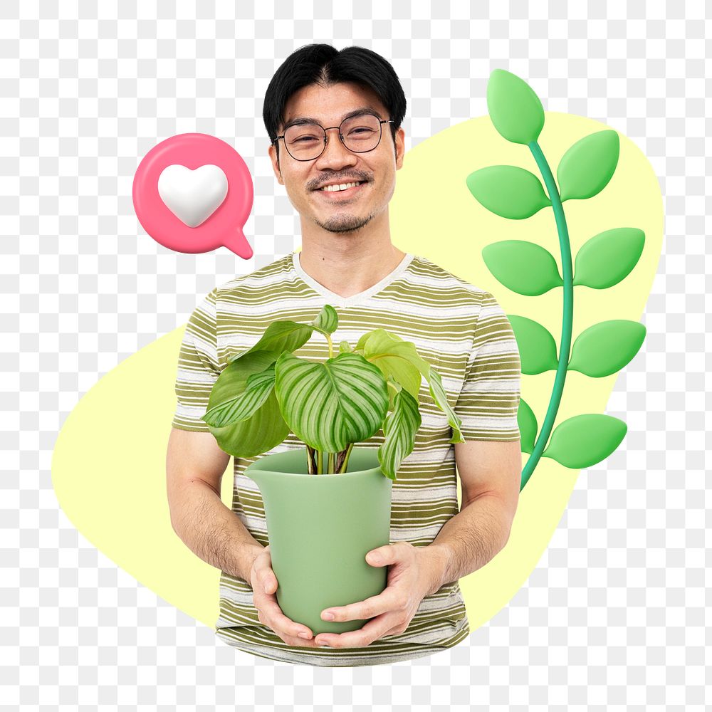Asian man holding houseplant png, hobby remix, transparent background