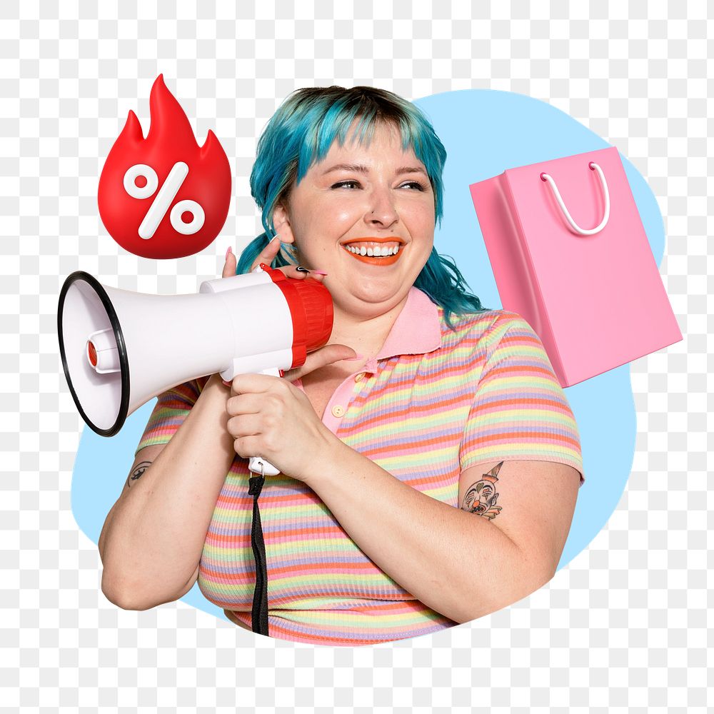 Woman holding megaphone png, sale shopping remix, transparent background