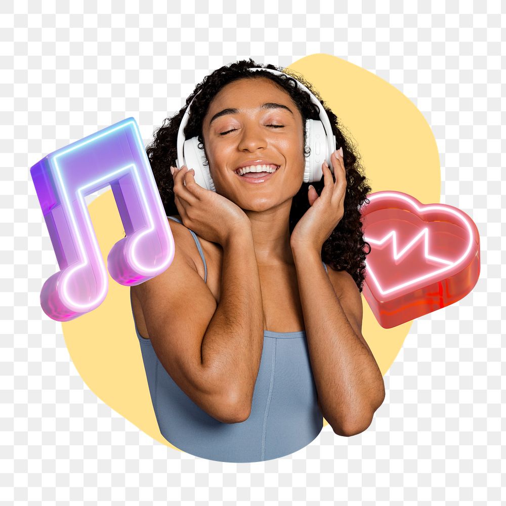 Woman listening to music png, creative remix, transparent background