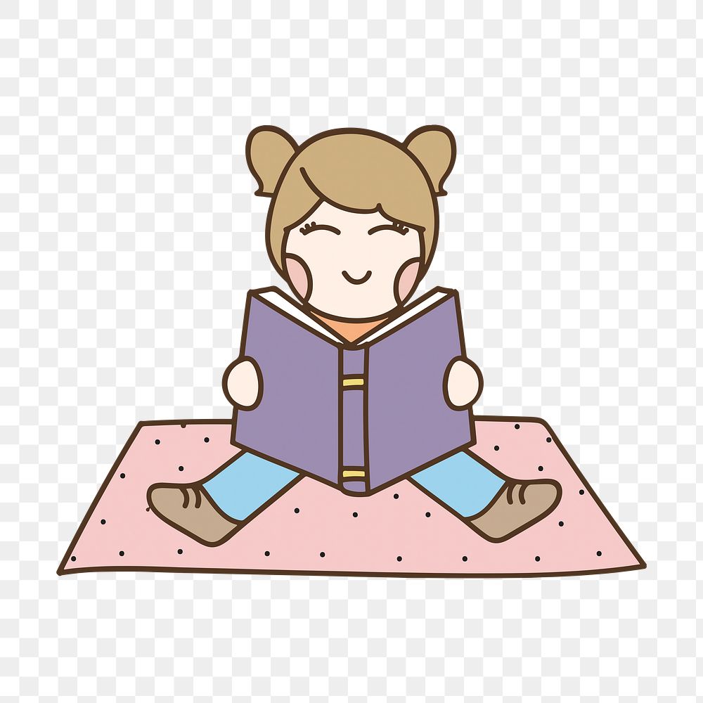 Girl reading book png clipart illustration, transparent background. Free public domain CC0 image.