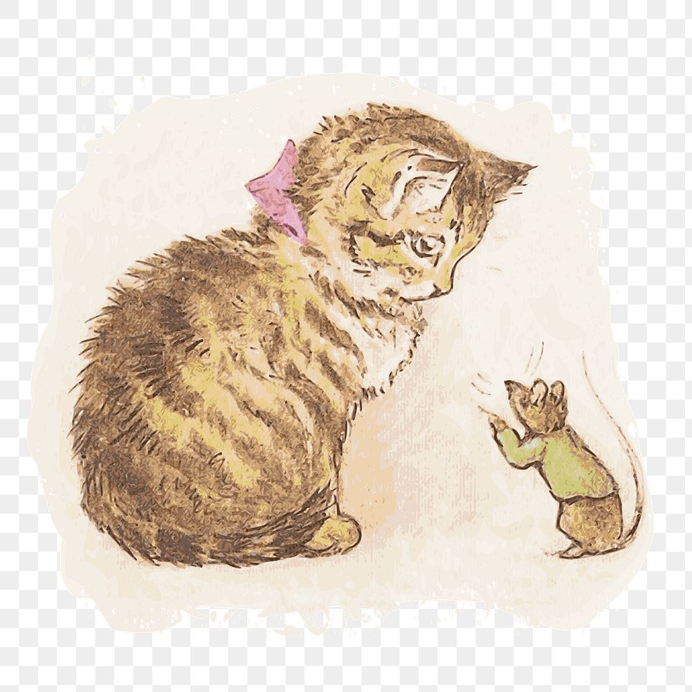 PNG Cat and mouse vintage watercolour illustration, transparent background