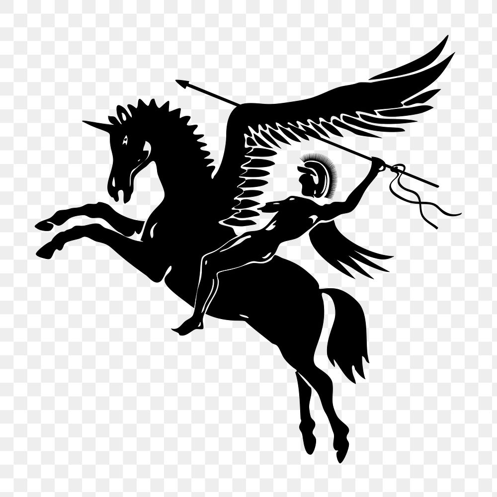 PNG Warrior on winged horse silhouette, clipart, transparent background