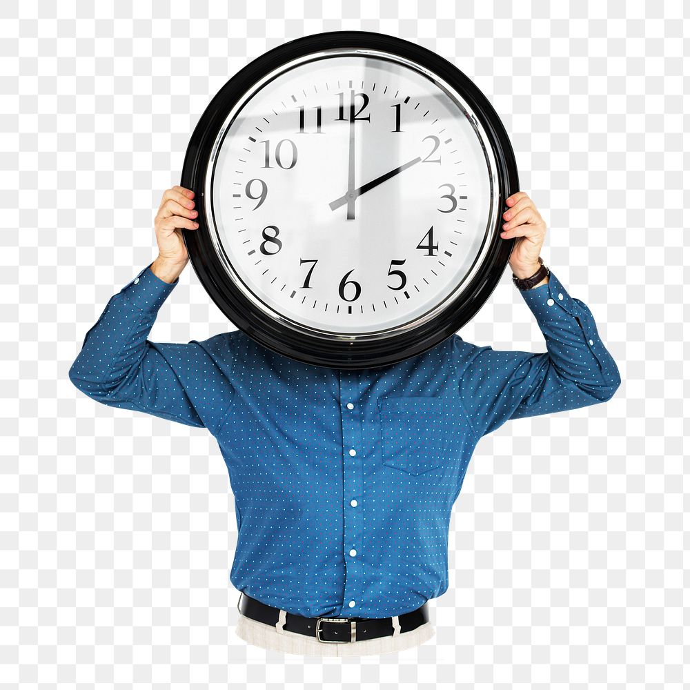 PNG Businessman holding wall clock time management, collage element, transparent background