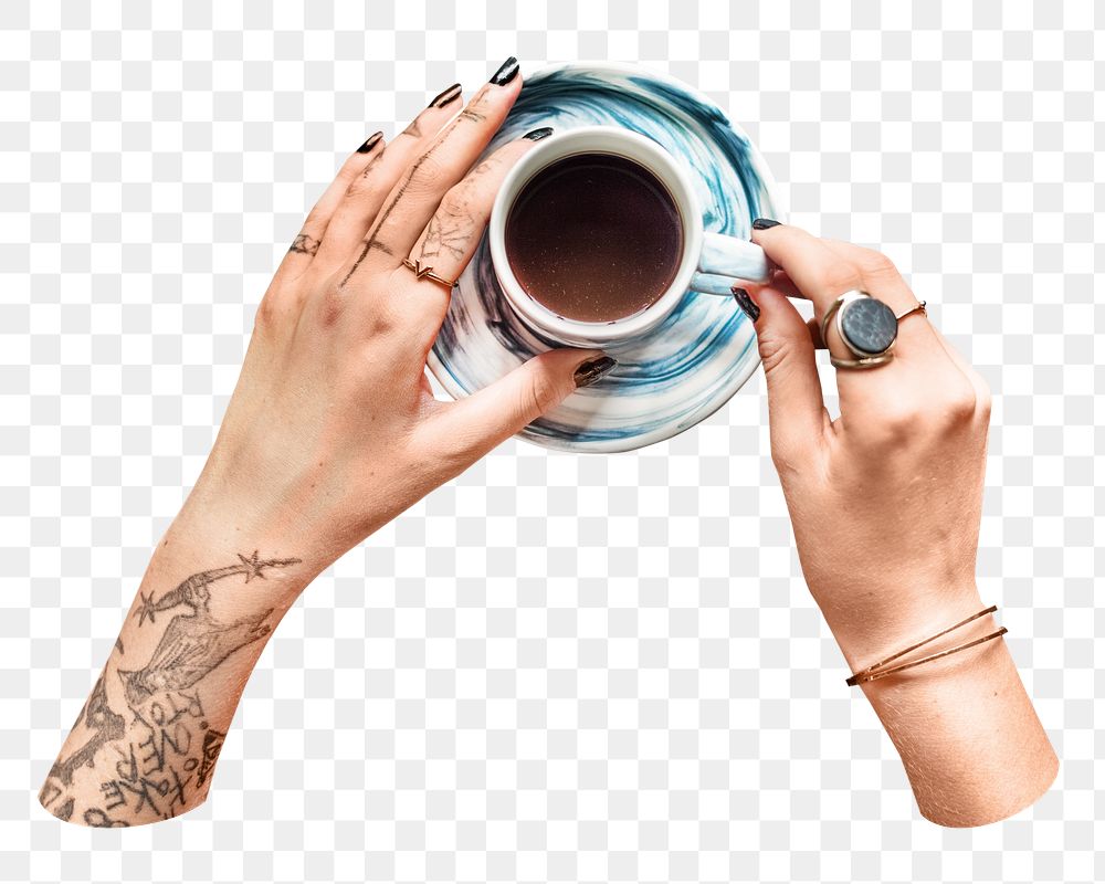 PNG Tattoo hands coffee cup beverage, collage element, transparent background