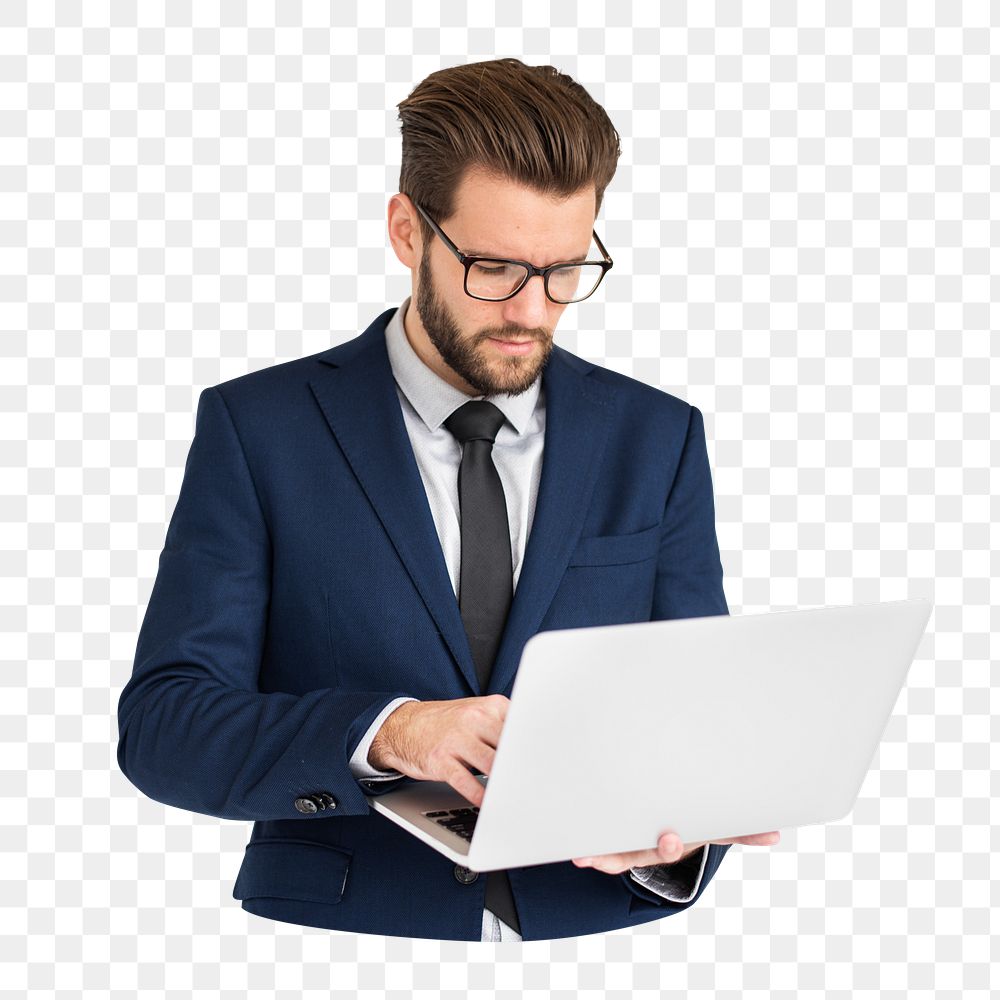PNG Businessman working on laptop, collage element, transparent background