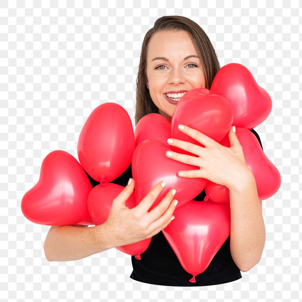 PNG Woman holding red heart shaped balloons, collage element, transparent background