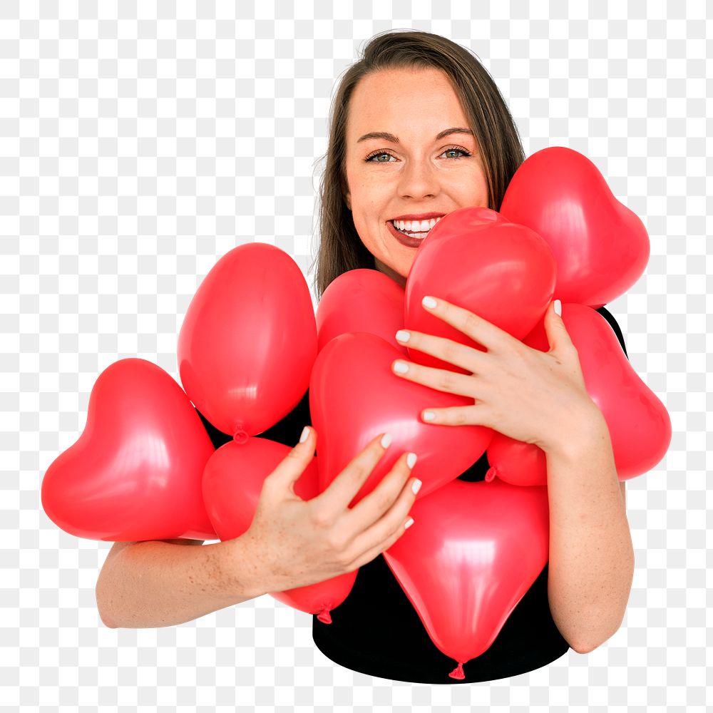 PNG girl holding heart balloons, collage element, transparent background