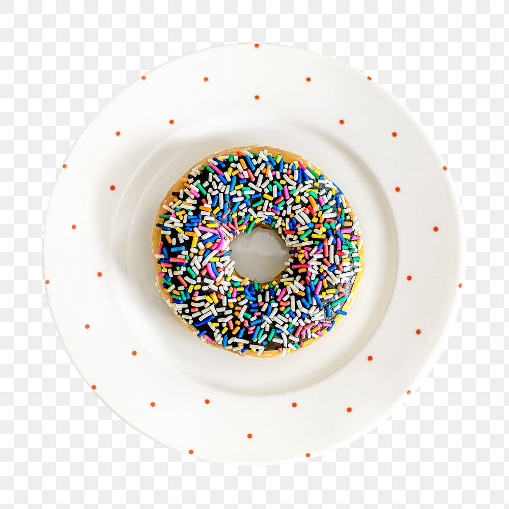 Colorful sprinkled donut png, on a plate, aerial view, transparent background