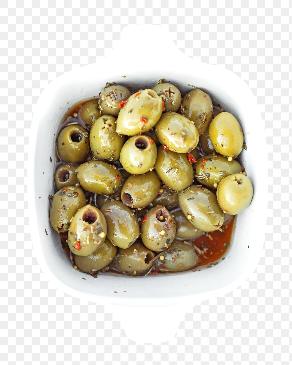 PNG Spicy pickled olives in a white bowl, collage element, transparent background