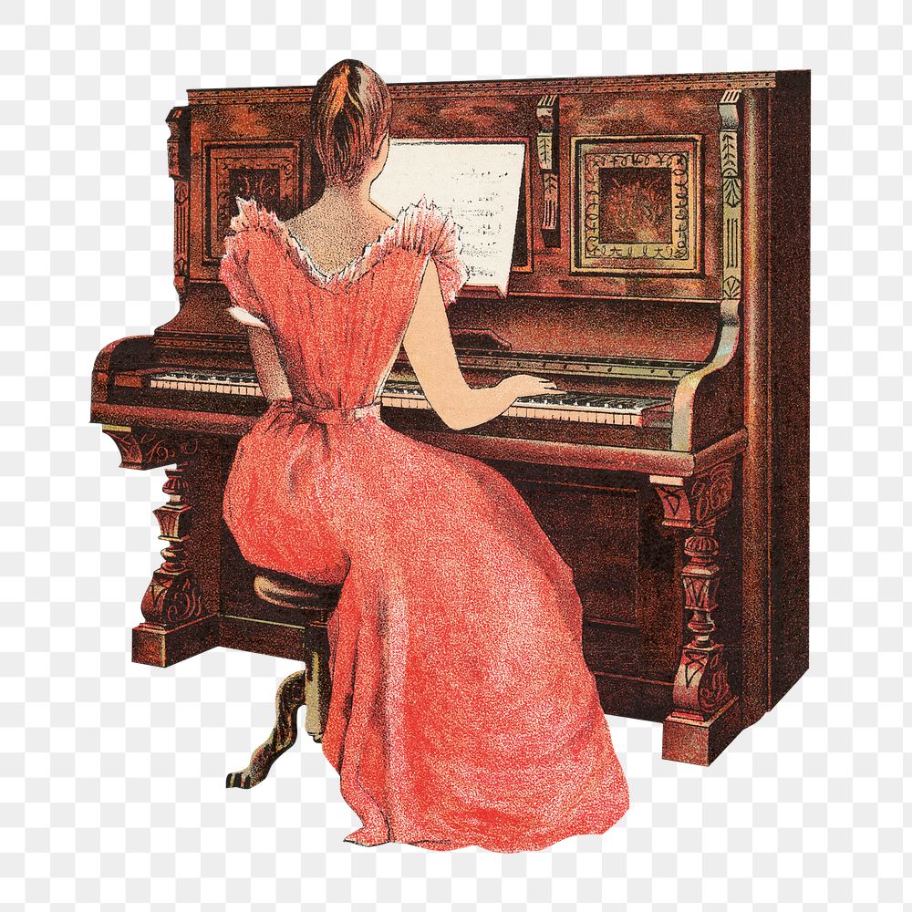Vintage woman png playing piano chromolithograph, transparent background. Remixed by rawpixel. 