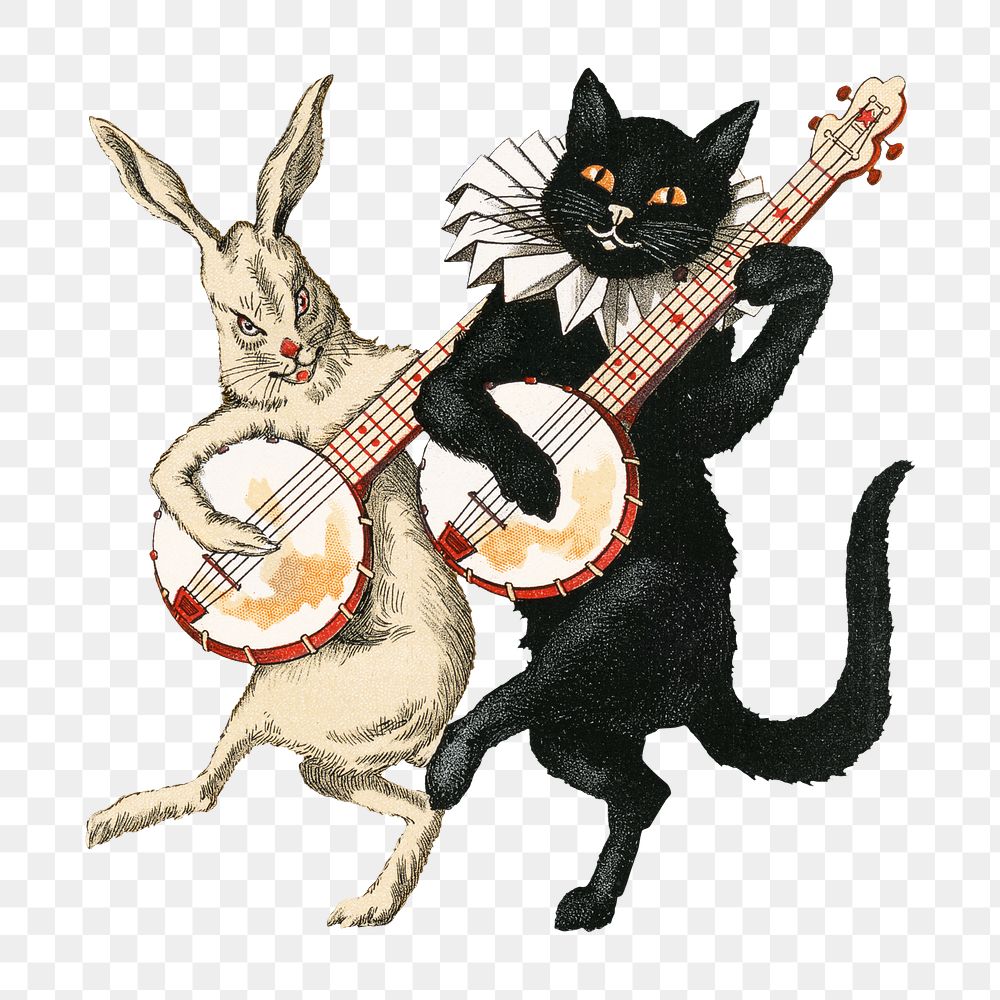 PNG cat & rabbit playing banjos vintage illustration on transparent background. Remixed by rawpixel. 