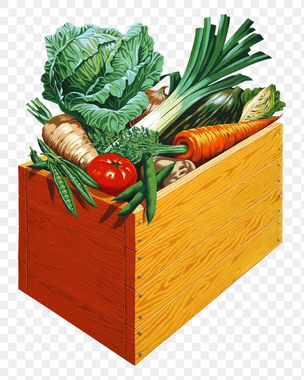 PNG vintage vegetable box, chromolithograph art, transparent background. Remixed by rawpixel. 