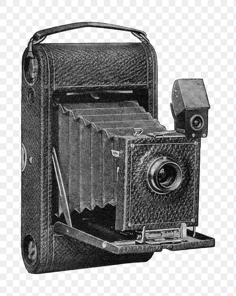 PNG vintage folding pocket camera, chromolithograph art, transparent background. Remixed by rawpixel. 