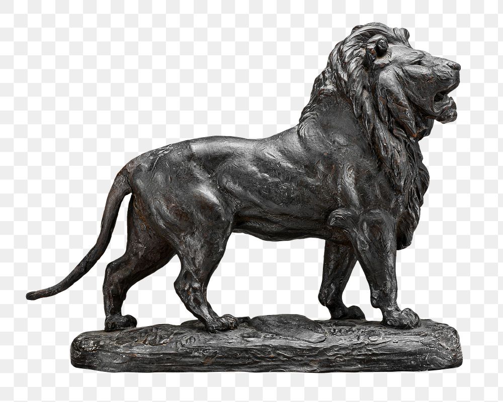 PNG Standing lion statue, attributed to Antoine-Louis Barye, transparent background. Remixed by rawpixel.
