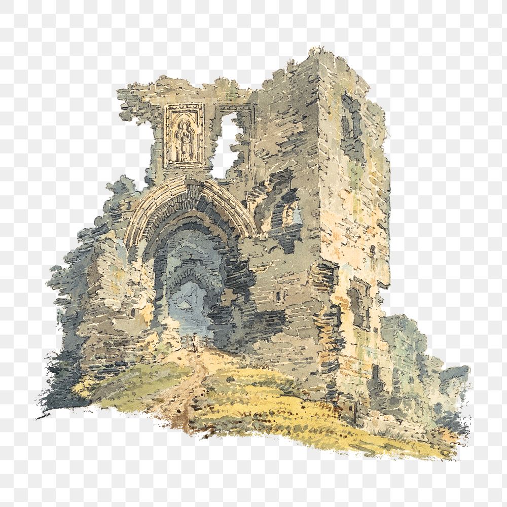 PNG Denbigh Castle, vintage architecture illustration by Thomas Girtin, transparent background. Remixed by rawpixel.