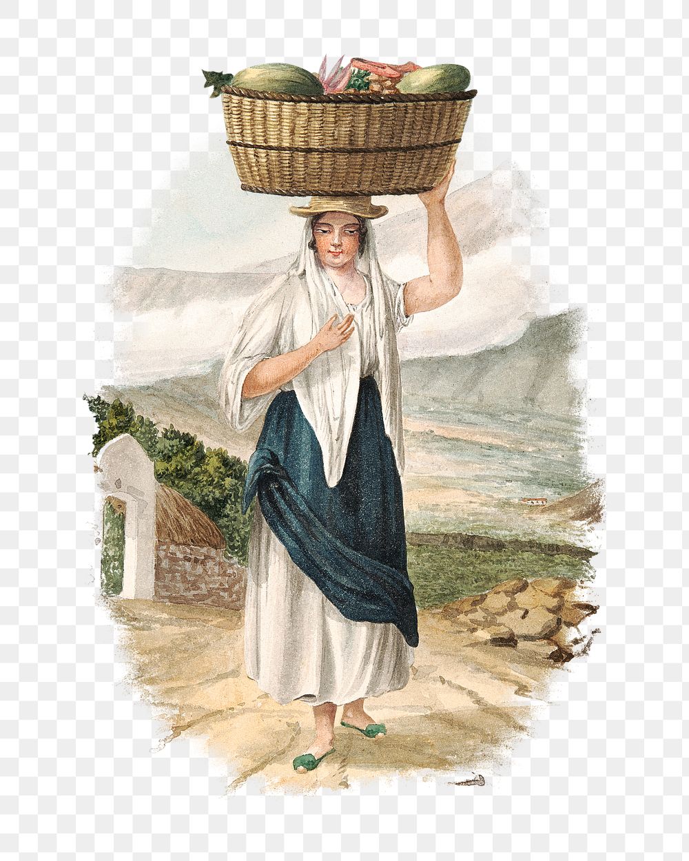 PNG Woman carrying fruit basket, vintage illustration by Alfred Diston, transparent background. Remixed by rawpixel.