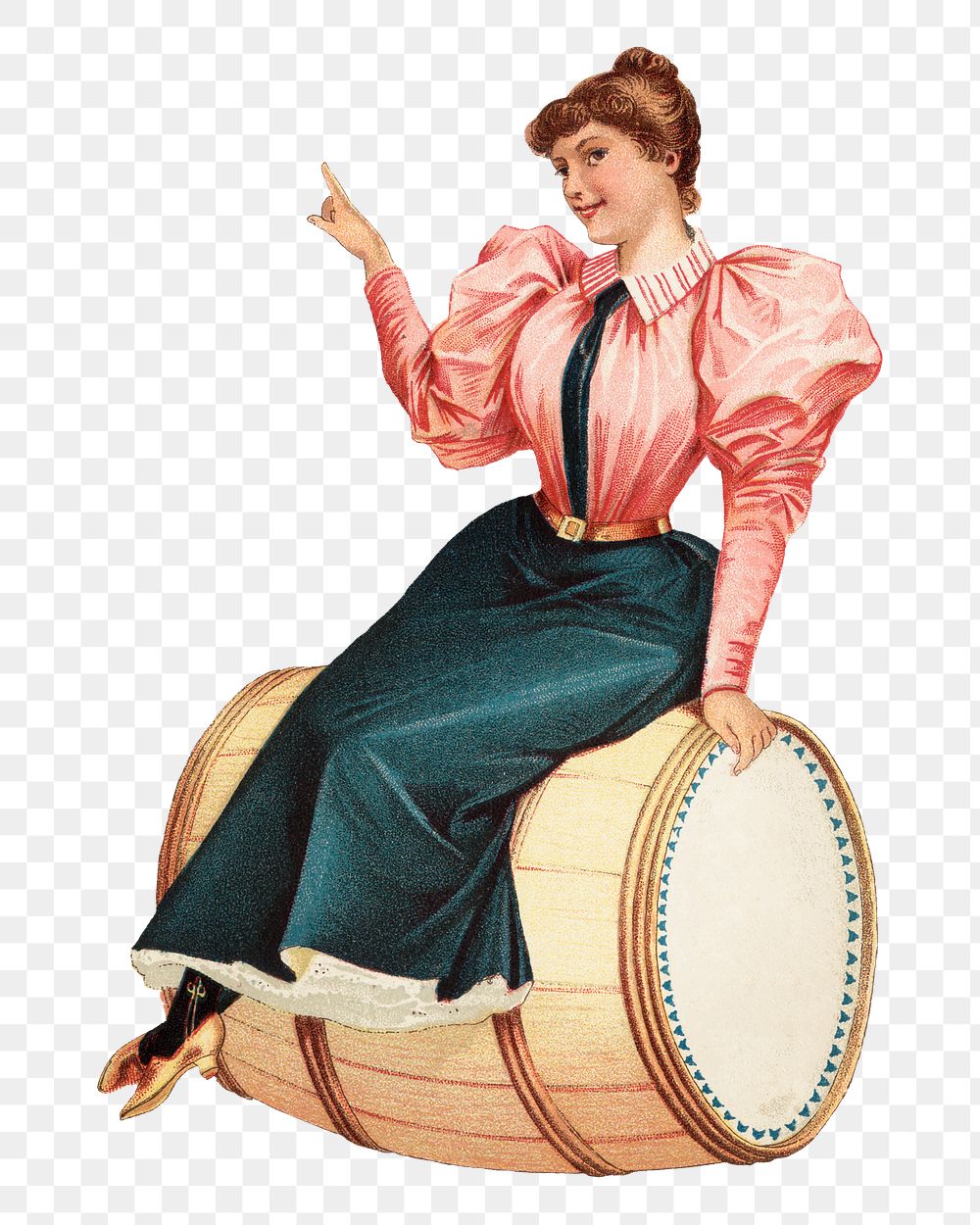 Vintage woman png sitting on barrel, transparent background. Remixed by rawpixel.