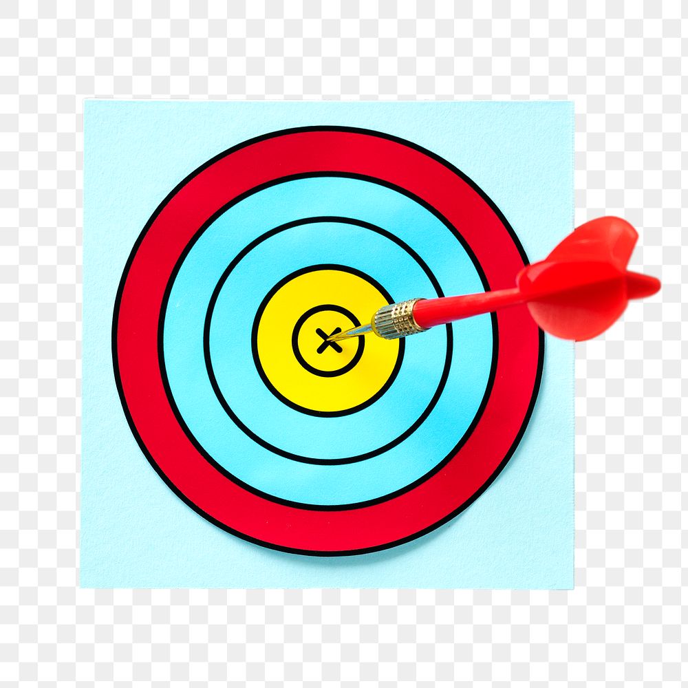 PNG Dart hitting the bull's eye on the board, collage element, transparent background