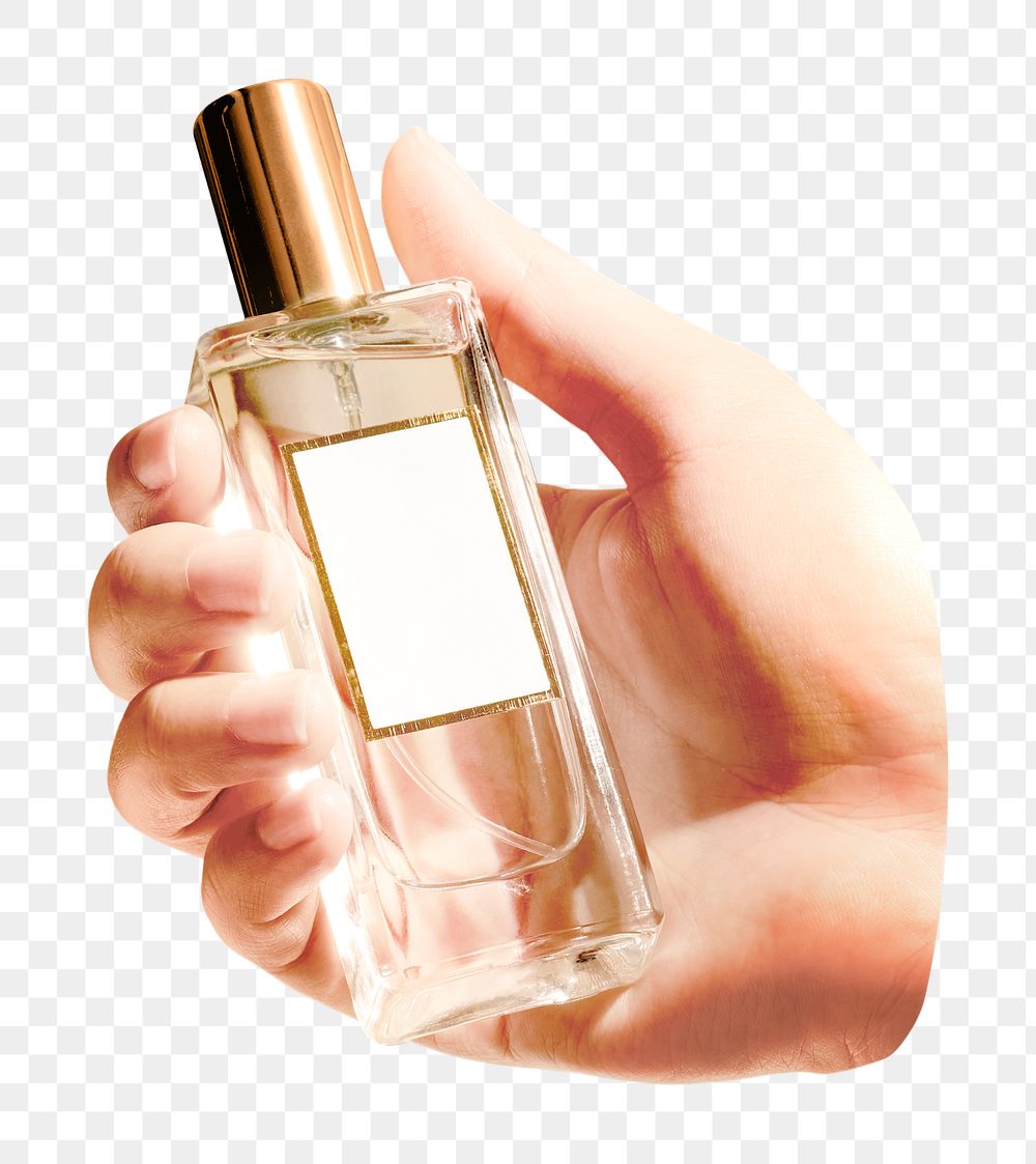 PNG Hand holding blank perfume glass bottle  transparent background