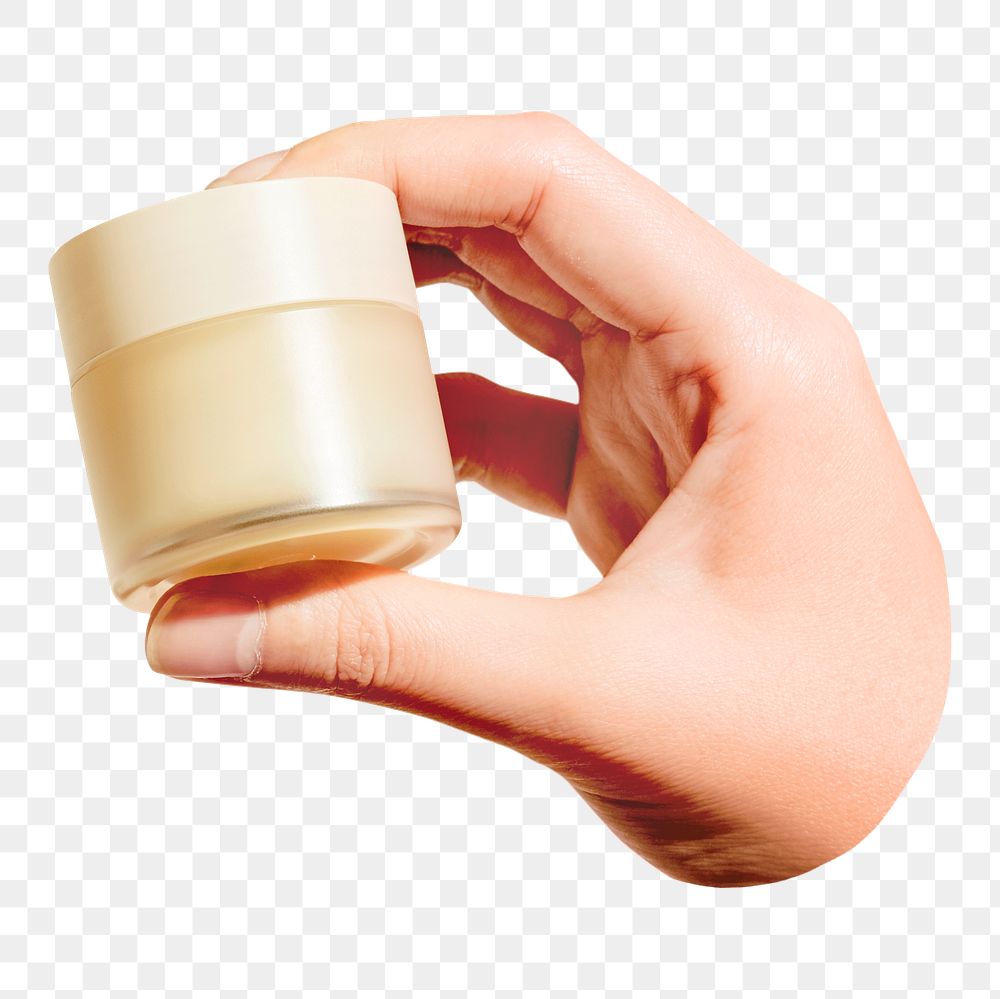 PNG Hand holding beige cream pot  transparent background