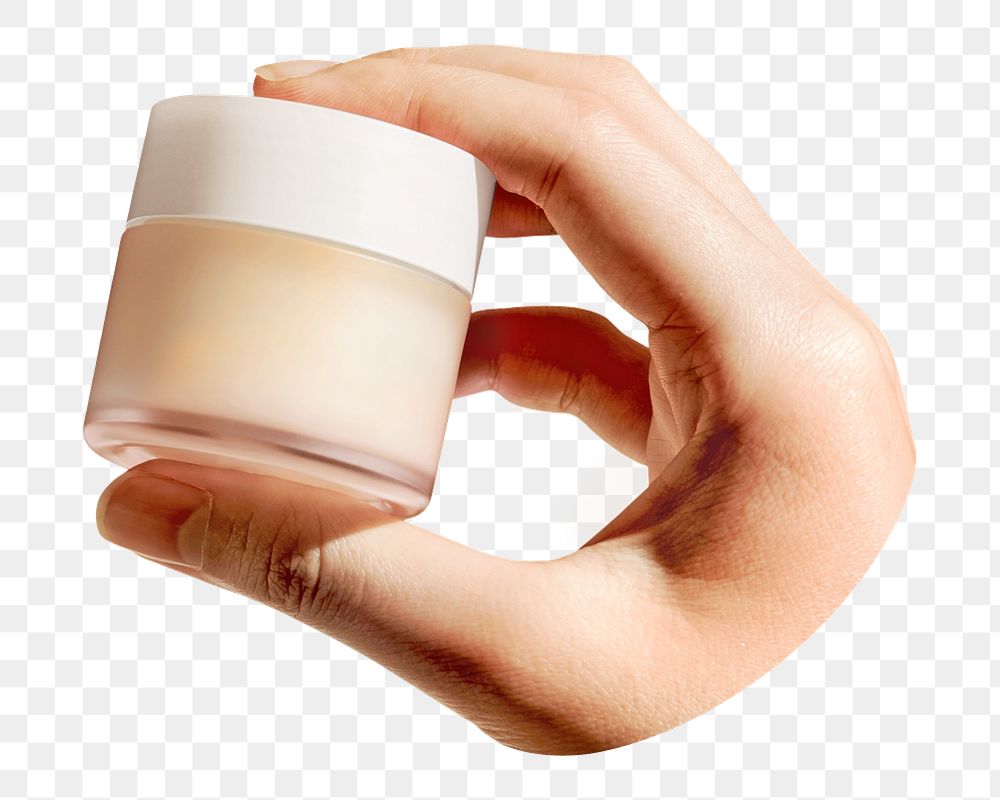 PNG Hand holding beige cream pot transparent background