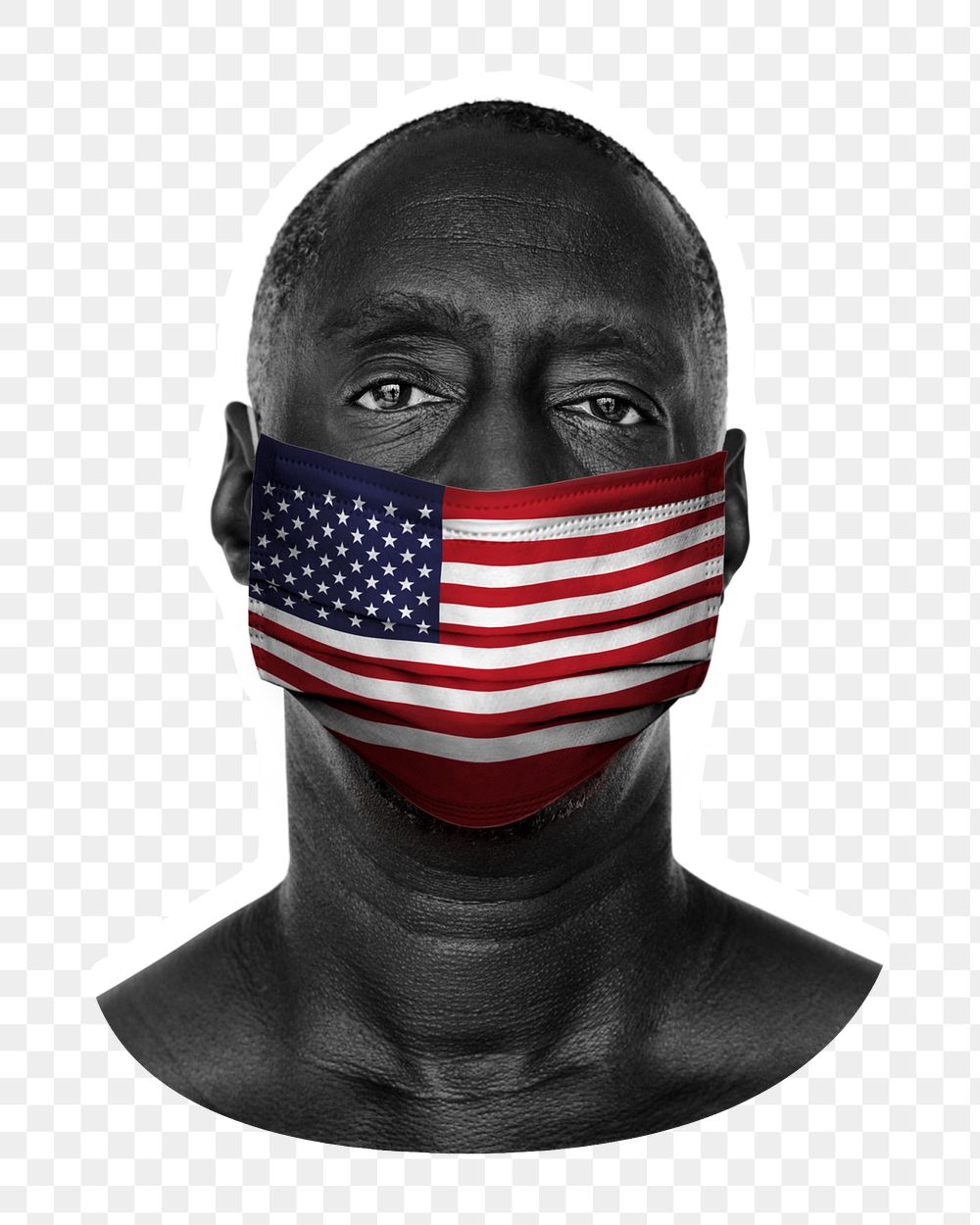 PNG man wearing face mask, US flag, collage element, transparent background