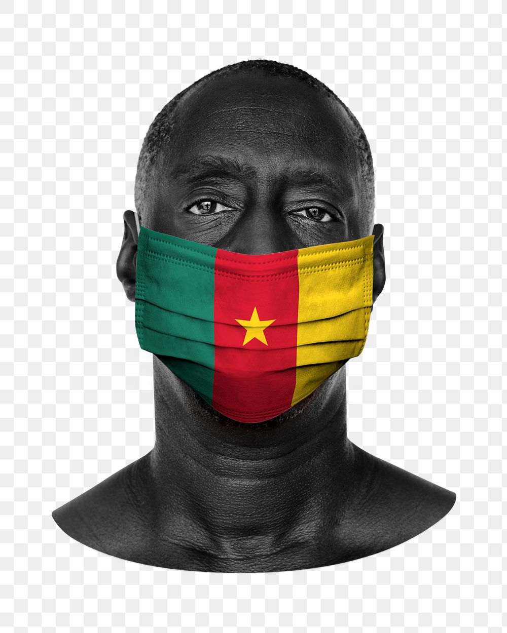Png Cameroon flag mask, man portrait on transparent background