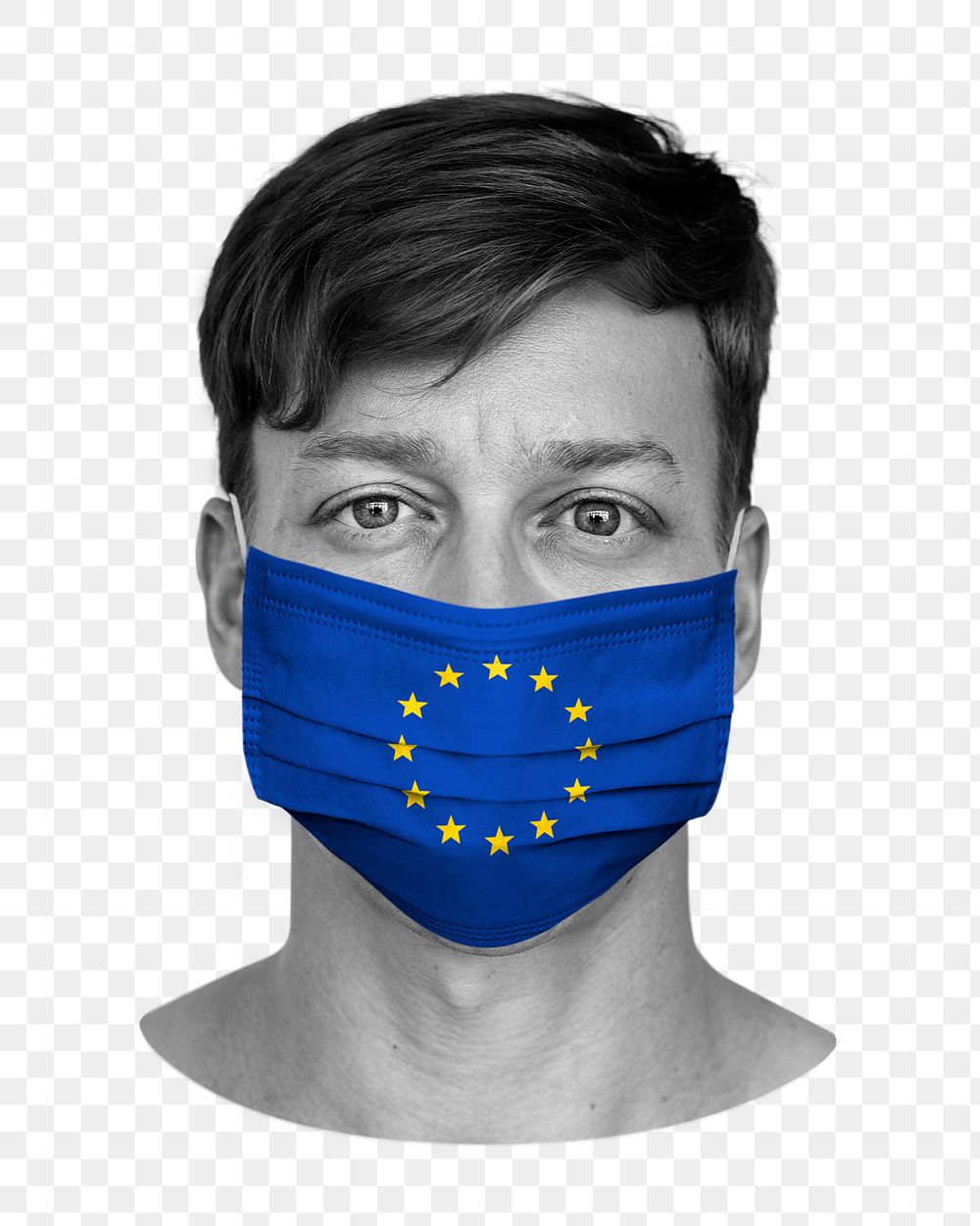 Png European flag, mask wearing man on transparent background