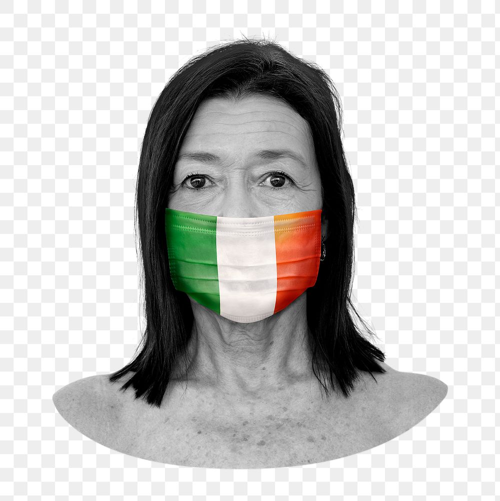 Png Irish flag mask, woman head shot on transparent background