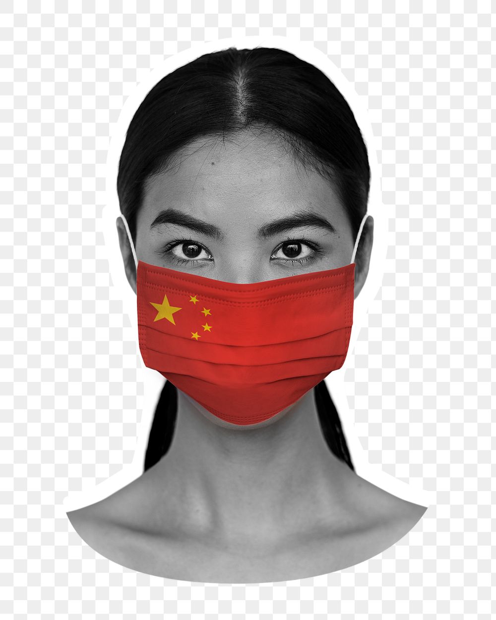 PNG woman wearing face mask, China flag, collage element, transparent background