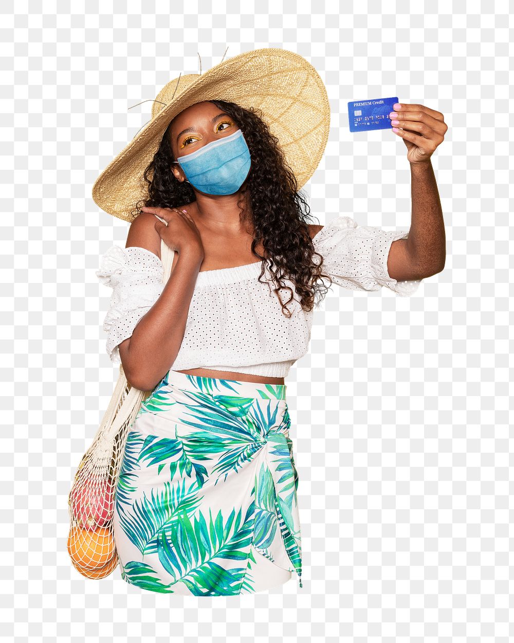 PNG woman face mask, summer vacation in the new normal, collage element on transparent background
