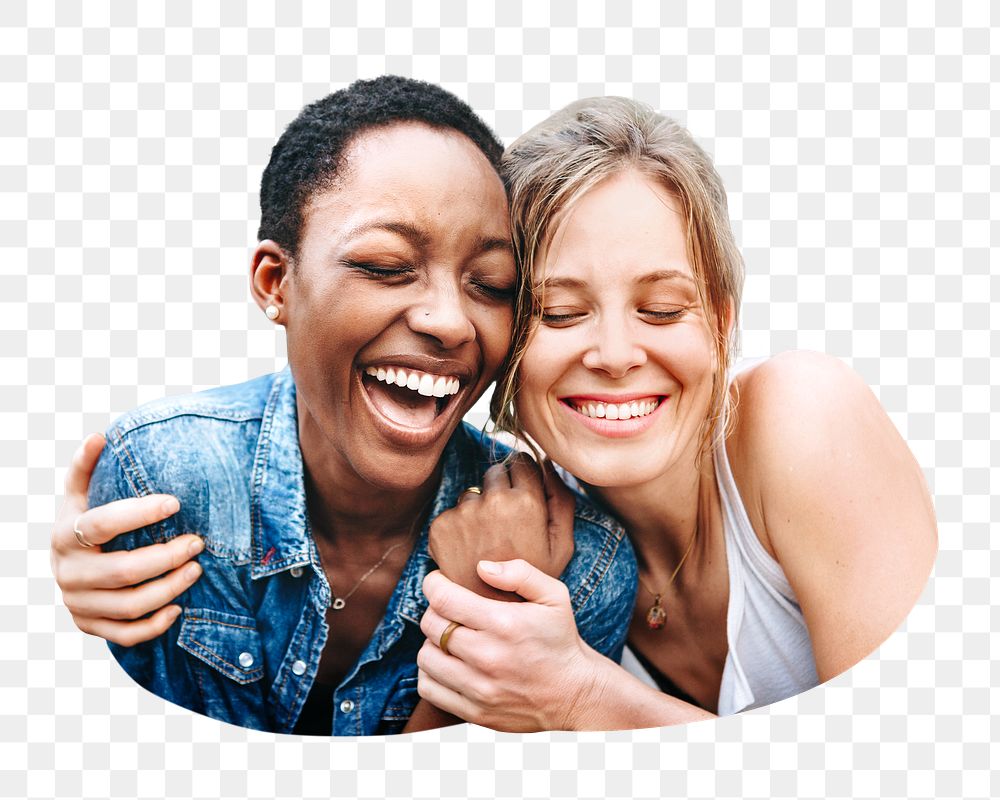 PNG Happy women laughing with her friend and embracing each other, transparent background