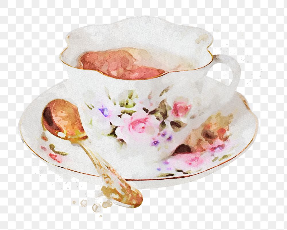 Floral teacup png watercolor collage element, transparent background. Remixed by rawpixel.