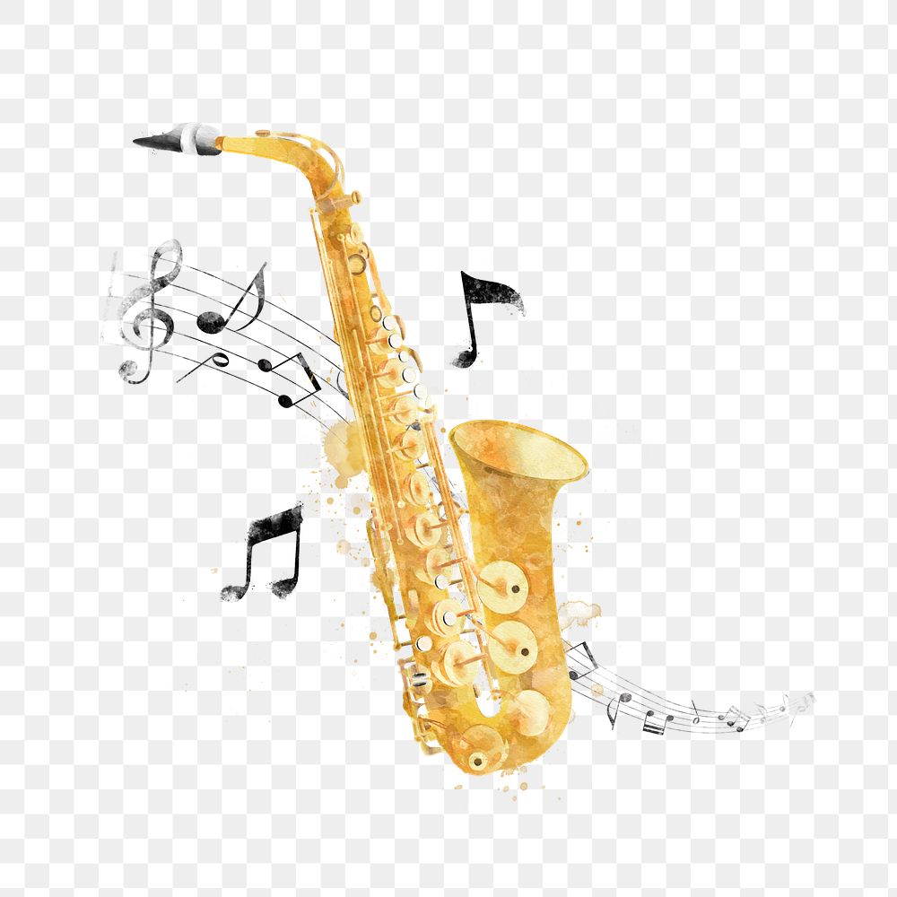 PNG watercolor saxophone, transparent background. Remixed by rawpixel.