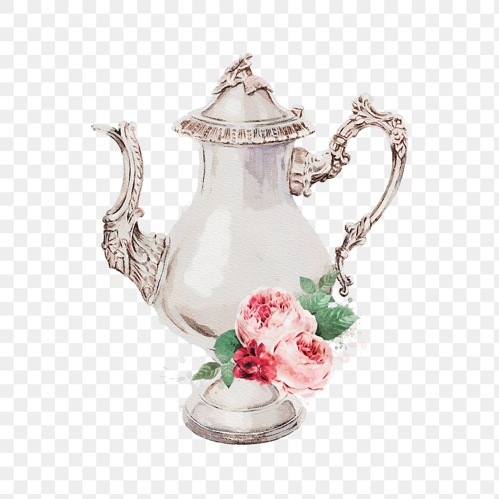 PNG watercolor vintage coffee pot, transparent background. Remixed by rawpixel.