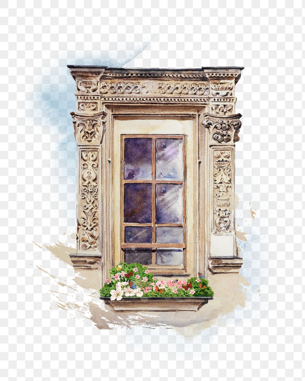 Building window png watercolor collage element, transparent background. Remixed by rawpixel.