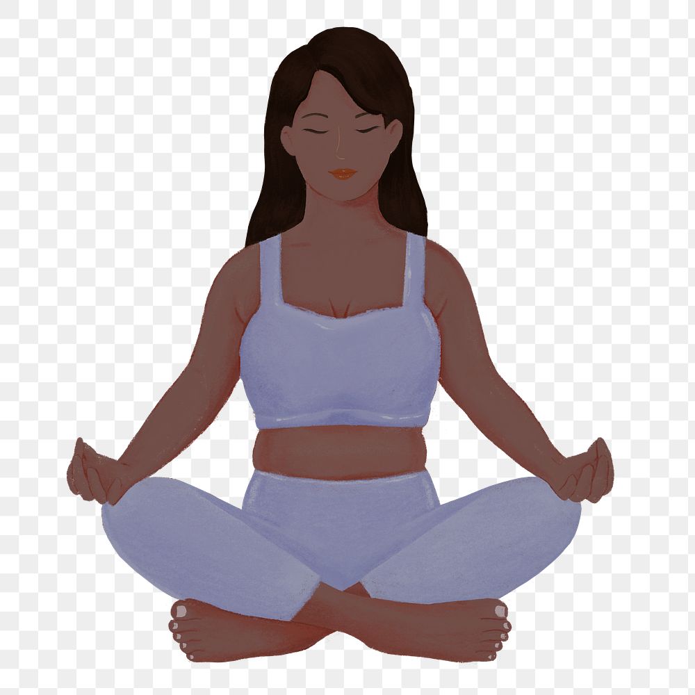 Meditating black woman png, wellness character illustration, transparent background