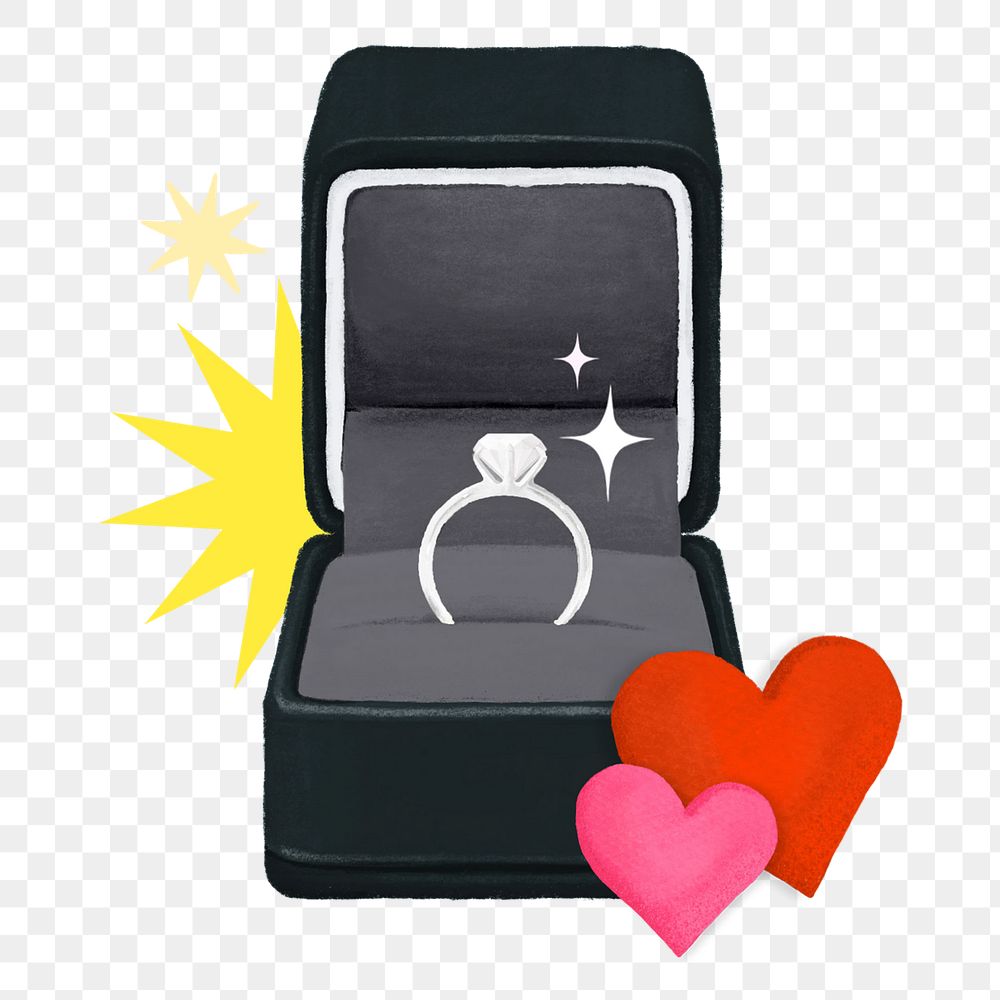 Wedding diamond ring png, black velvet box illustration, transparent background