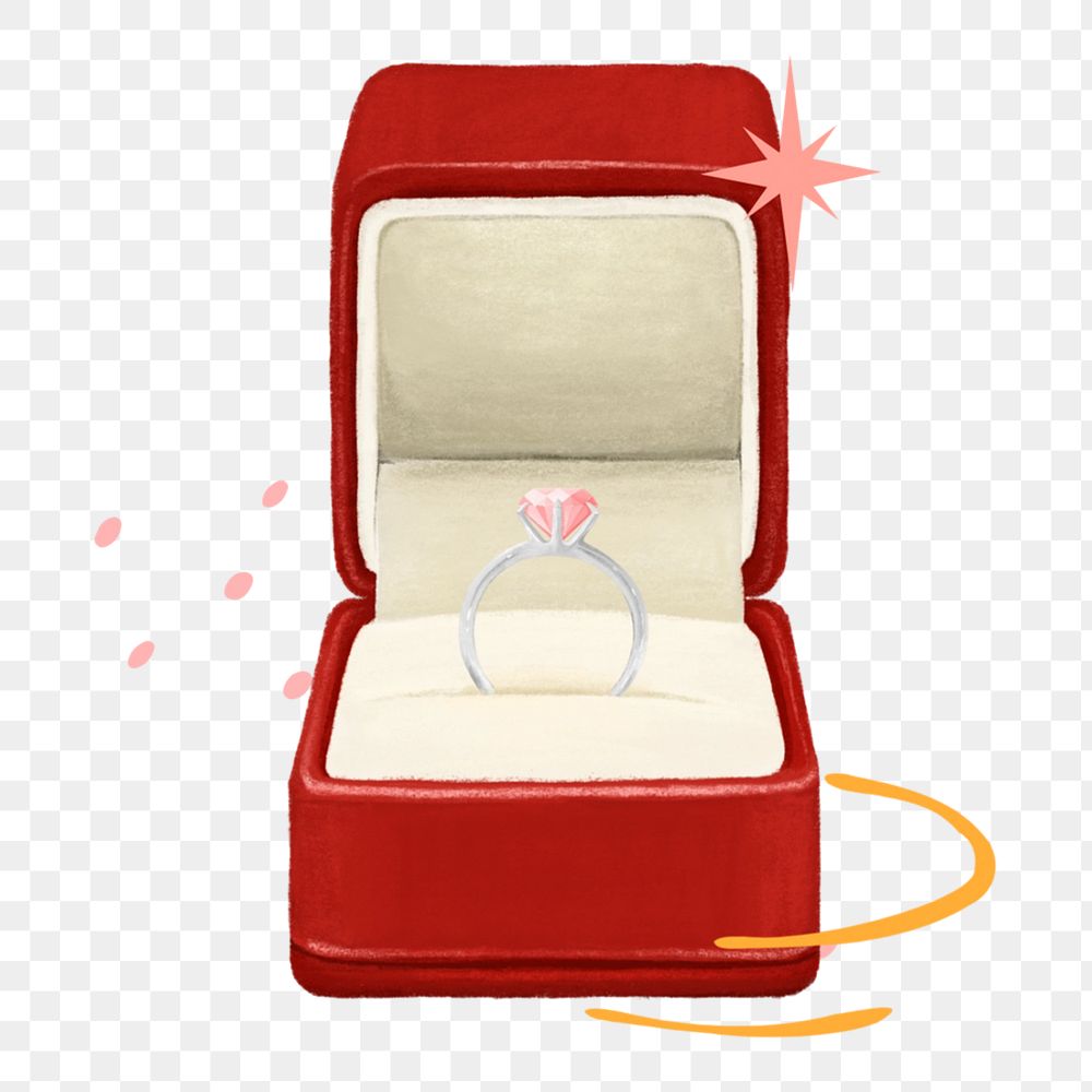 Wedding diamond ring png, red velvet box illustration, transparent background