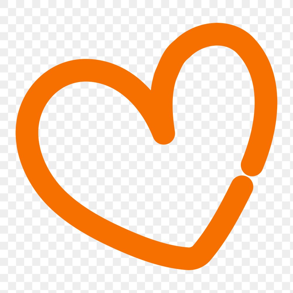 Png orange heart doodle line art, transparent background