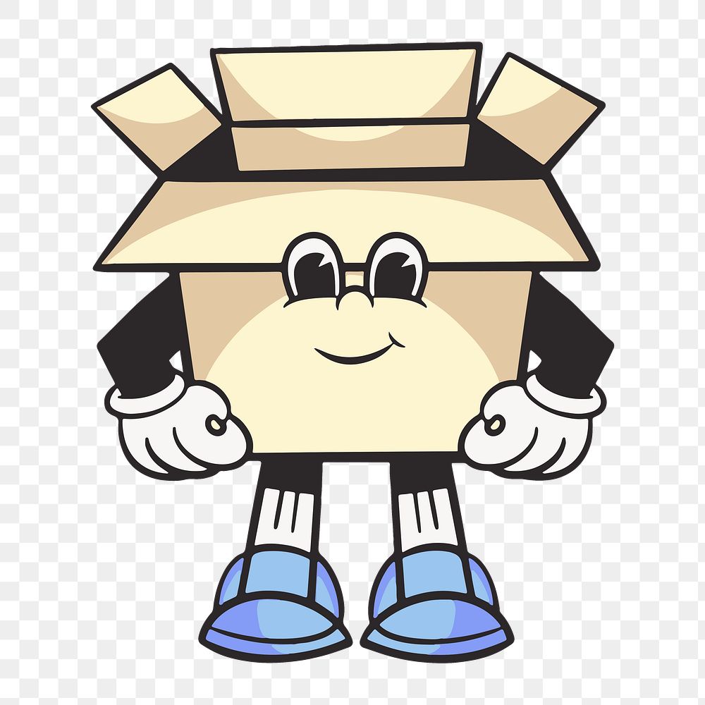 Box character png, retro illustration, transparent background