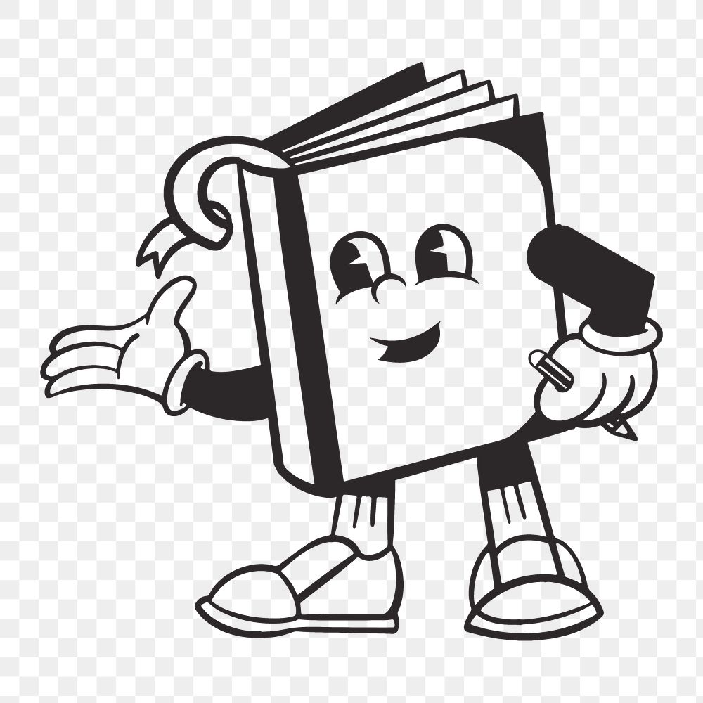 Book character png, retro illustration, transparent background