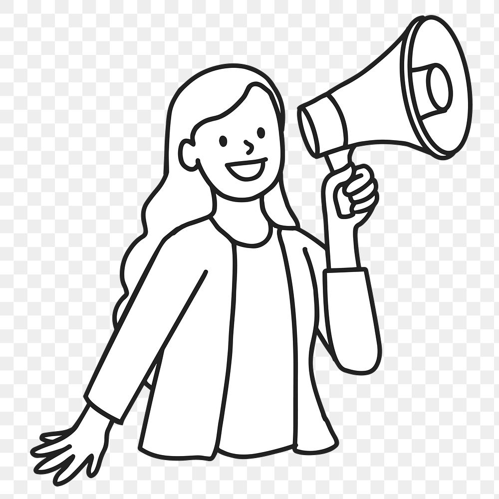 PNG Young woman using loudspeaker for public announcement flat line sticker, transparent background