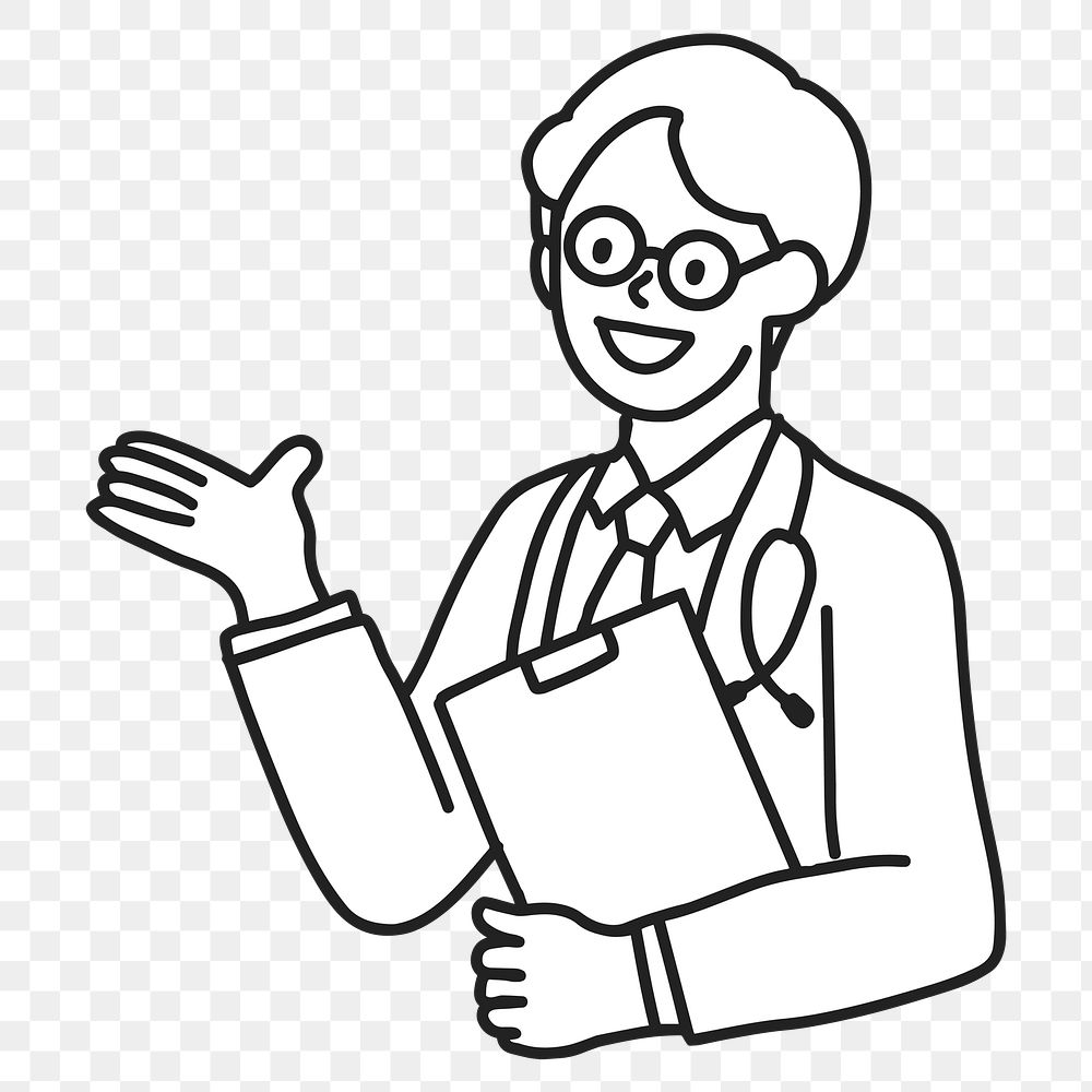 PNG Male doctor holding medical report line art sticker, transparent background