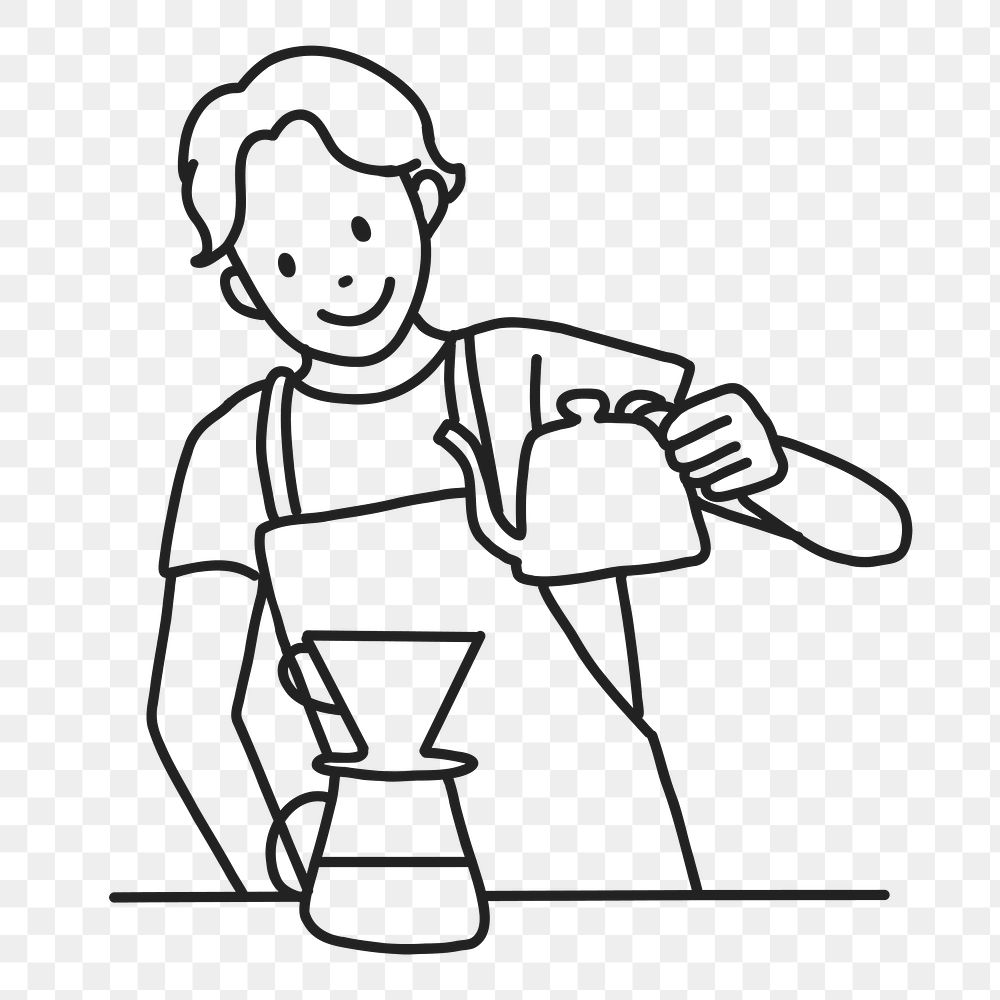 PNG Barista preparing manual drip coffee line drawing sticker, transparent background